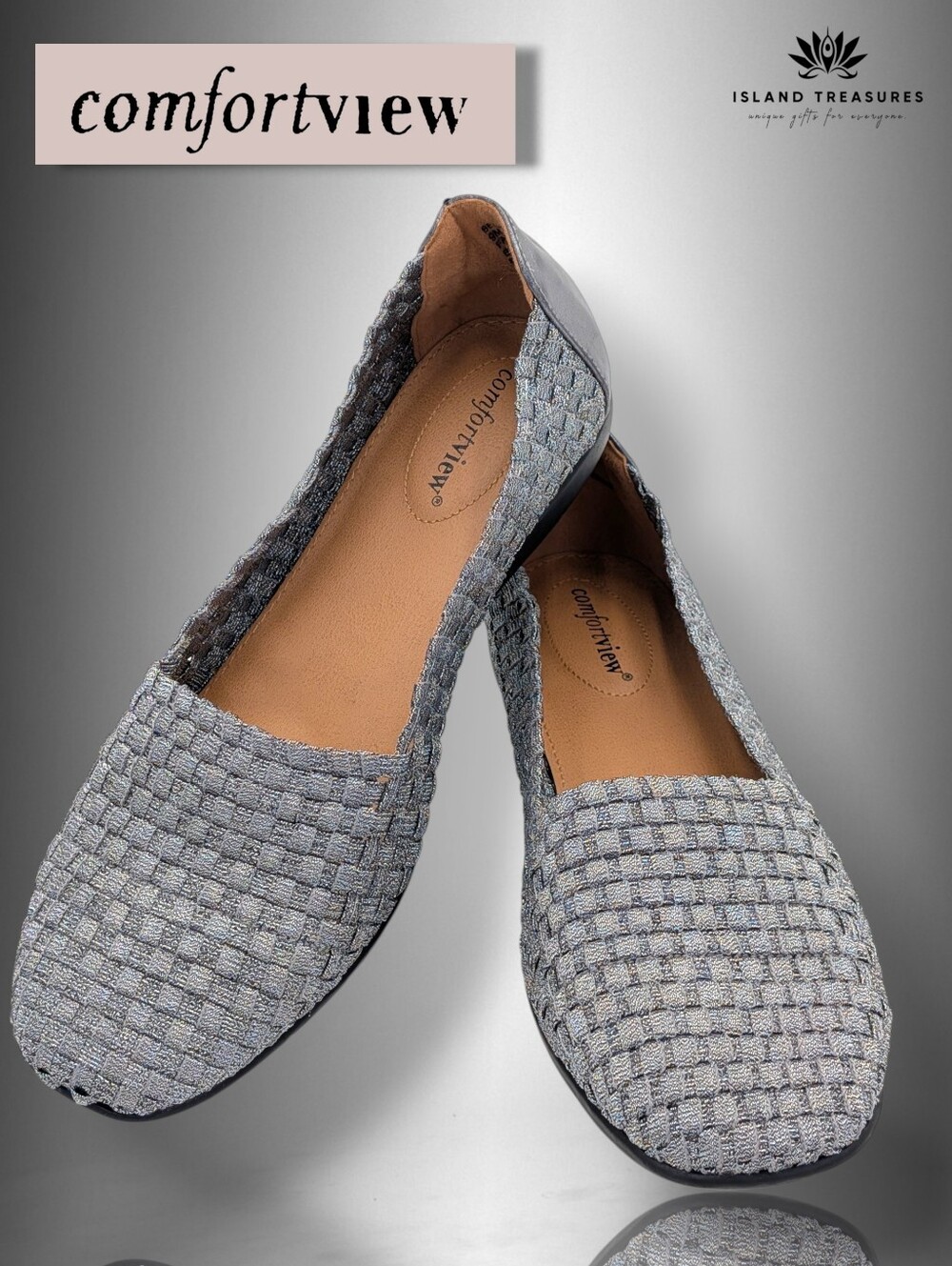 Comfortview Sz 9M Bethany Ballet Flat Gray Woven Textile Silver Cushioned Loafer